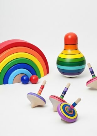 Channapatna Montessori Natural Wooden Toy Set – Rainbow Stacker, Roly-Poly & Spinning Tops (1+ Year)