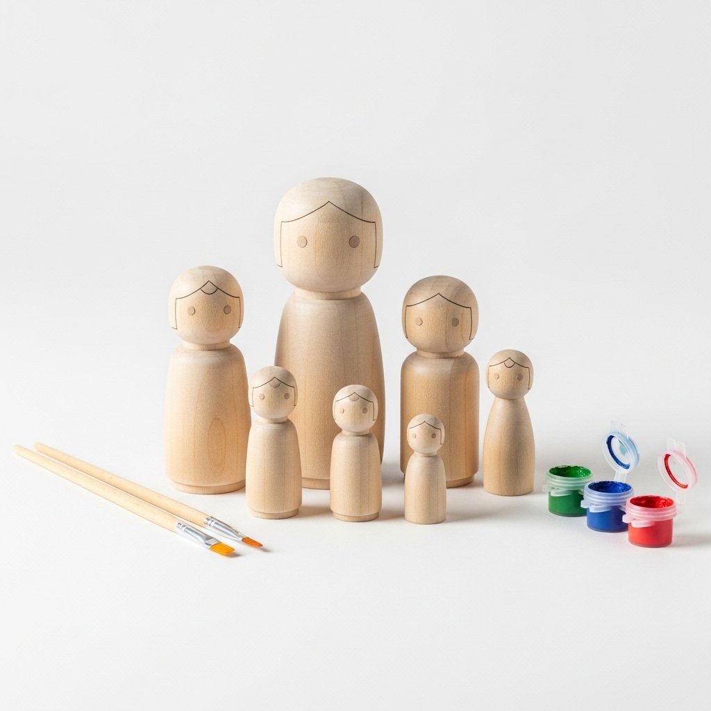 Channapatna Unfinished Wooden Peg Dolls – DIY Craft Family Set