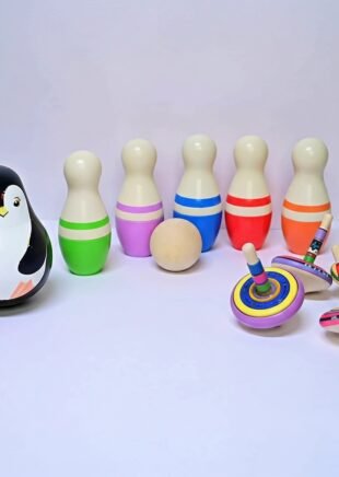 Channapatna Wooden Bowling & Spinning Tops Play Set – Roly Poly + Pins (2+ Years)