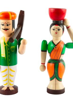 Channapatna Wooden Farmer Couple Dolls – 8-Inch Multicolor Pretend Play Set
