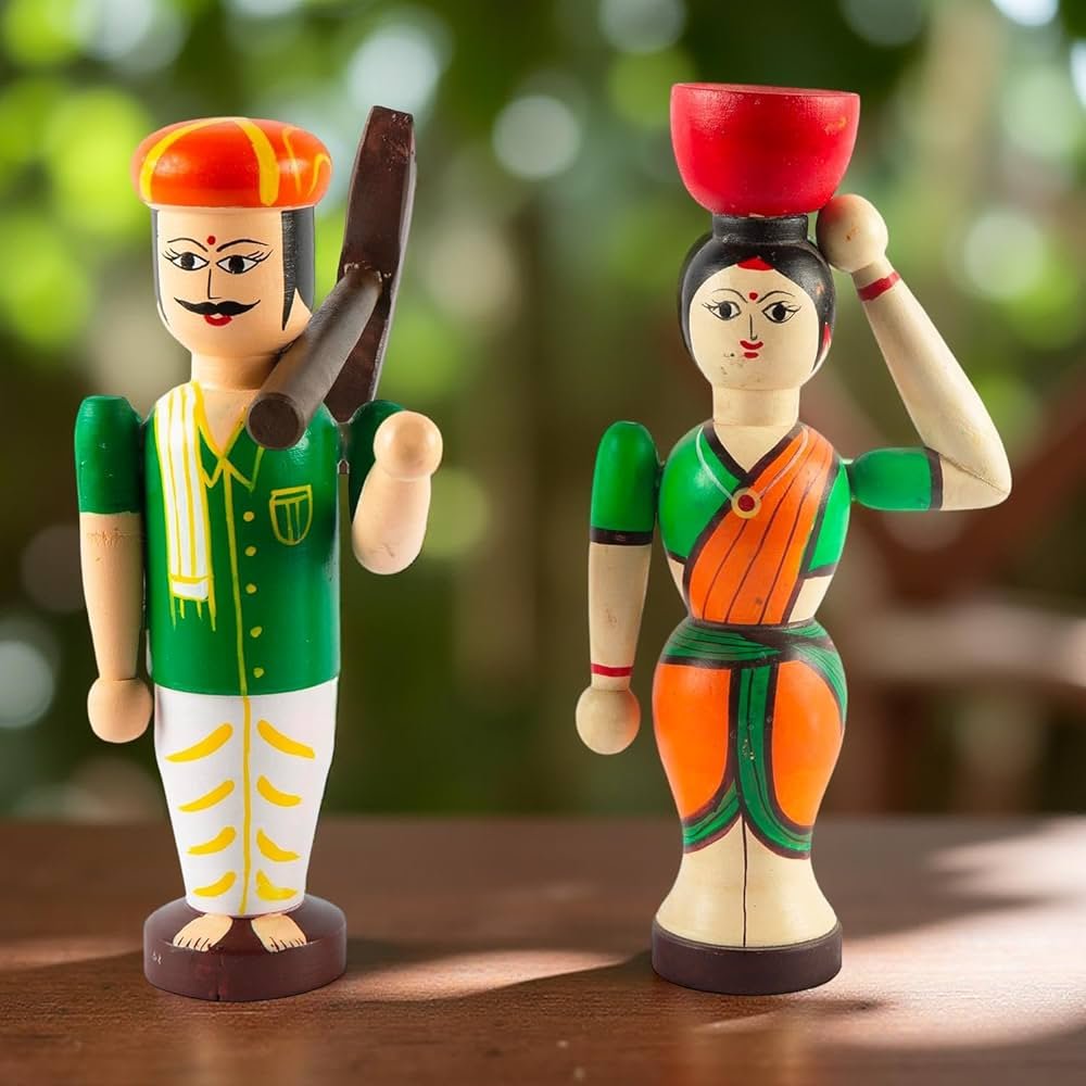 Channapatna Wooden Farmer Couple Dolls – 8-Inch Multicolor Pretend Play Set