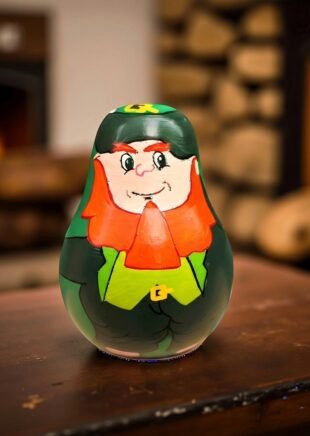 Channapatna Wooden Leprechaun Roly-Poly Toy – Handcrafted Wobble Doll (Green & Orange)