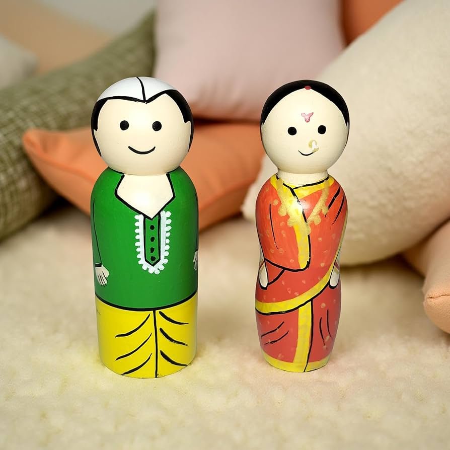 Channapatna Wooden Raja & Rani Dolls – Handcrafted Pretend Play Set (Set of 2)