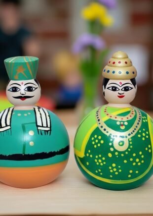 Channapatna Wooden Raja–Rani Roly-Poly Dolls – Set of 2 (Green & Turquoise)