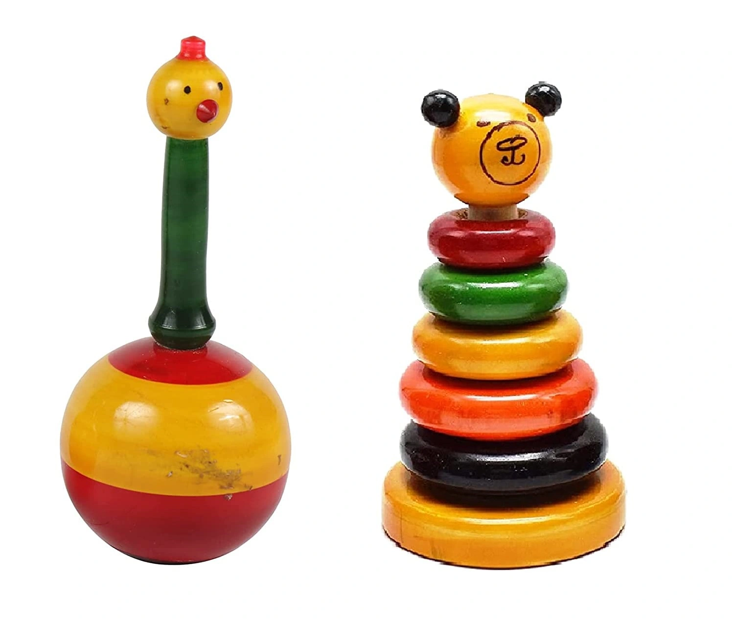 Channapatna Wooden Roly-Poly Doll & 5-Ring Stacking Toy – Set of 2 (1+ Year)