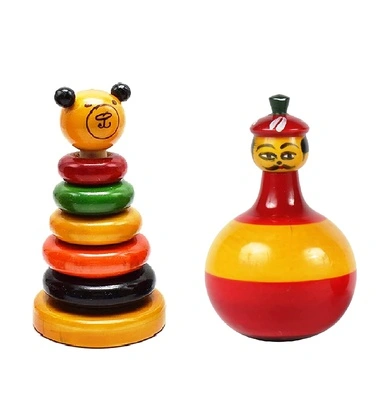 Channapatna Wooden Roly-Poly Doll & 5-Ring Stacking Toy – Set of 2 (1+ Year)