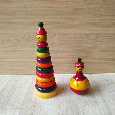 Channapatna Wooden Roly-Poly Doll & Stacking Rings Toy – Set of 2 (1+ Year)