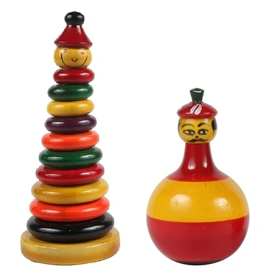 Channapatna Wooden Roly-Poly Doll & Stacking Rings Toy – Set of 2 (1+ Year)