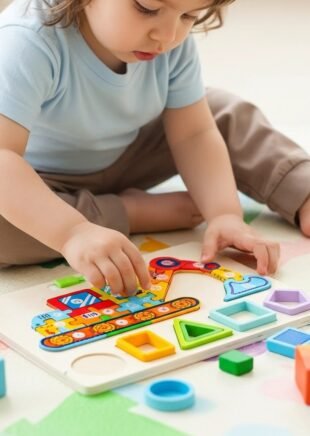 Wooden Montessori Puzzle Board for Kids – Numbers, Shapes & DinosaurTruck Themes